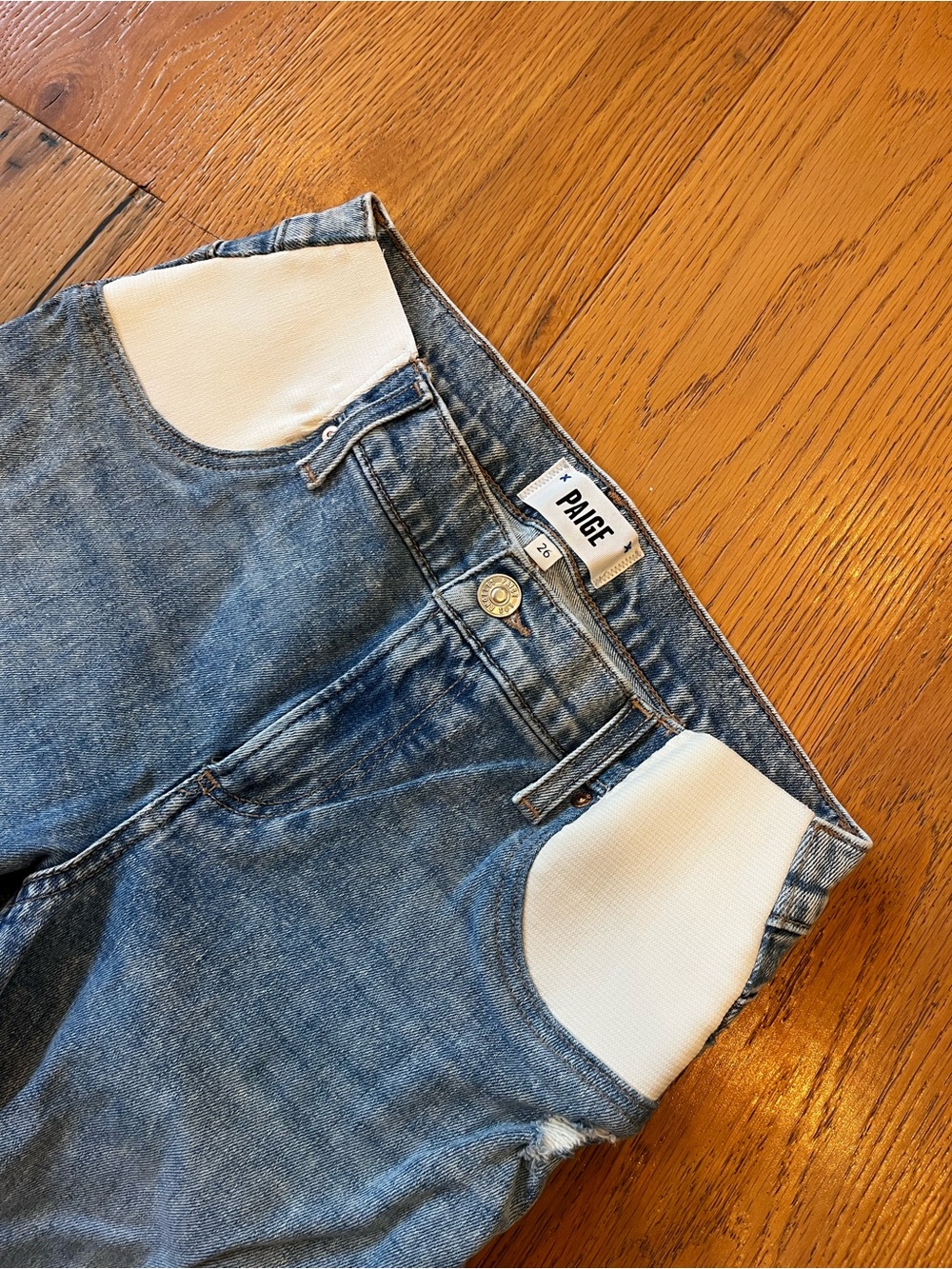 PAIGE Blue Denim High-Rise Jeans with White Pocket Panels